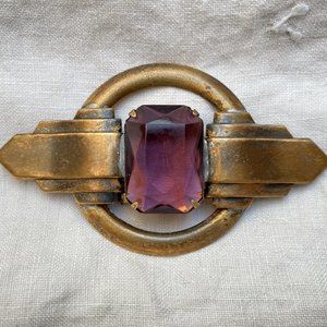Art Deco Revival Large Amethyst & Brass Brooch